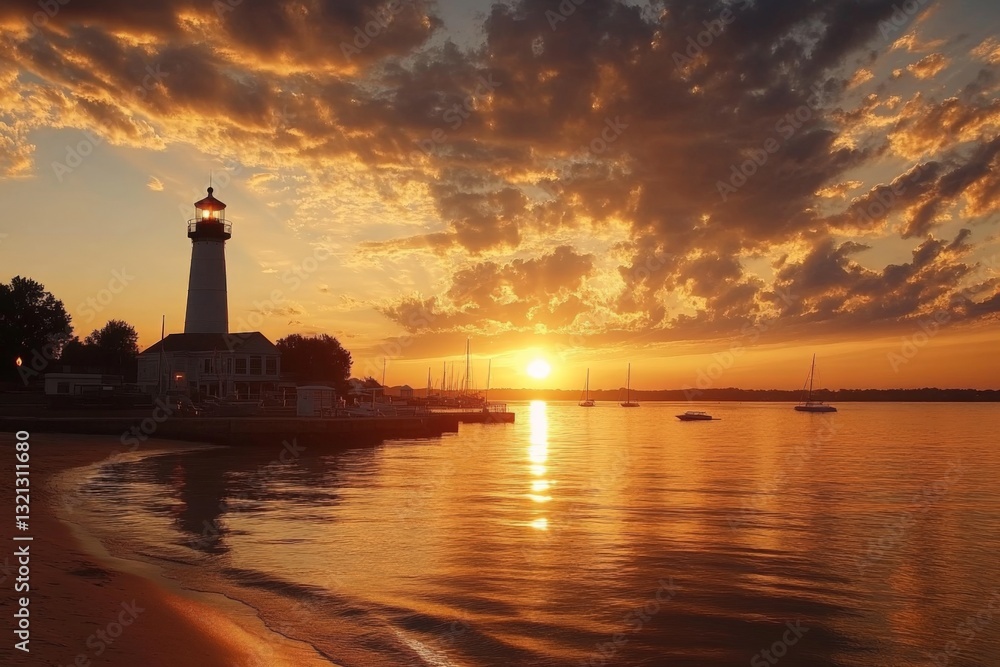 Sunset over the lighthouse by the calm waters, highlighting the beauty of nature and serenity of the evening Sunset over the lighthouse by the calm waters, highlighting the beauty of nature and serenity of the evening