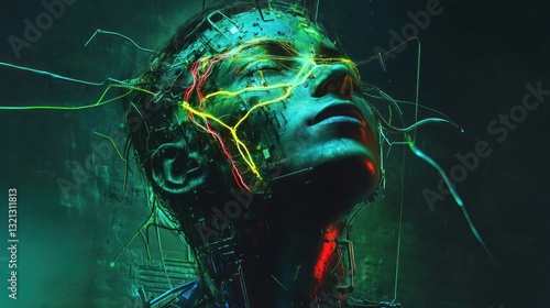 A surreal blend of biomechanical technology, featuring neon cyber veins background wallpaper AI generated image