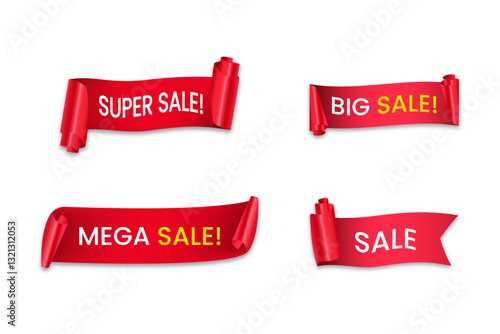 Collection of Realistic Red Sale Labels and Banners on a White Background for Discounts