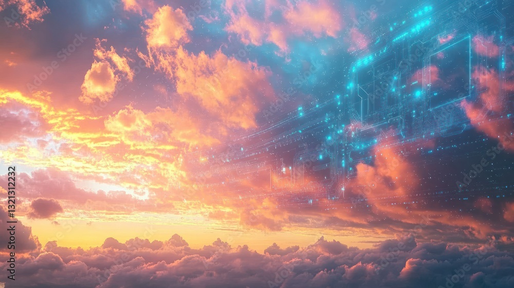 Fototapeta premium Sunset sky with subtle glowing circuits blending smoothly with the clouds background wallpaper AI generated image