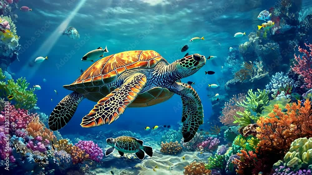 Majestic sea turtle gracefully gliding through a vibrant coral reef ecosystem scene Majestic sea turtle gracefully gliding through a vibrant coral reef ecosystem scene