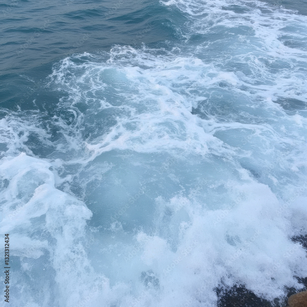 Fototapeta premium Cresting ocean waves, tranquil blue water with frothy white caps, perfect backdrop for beach-themed designs or relaxation content.