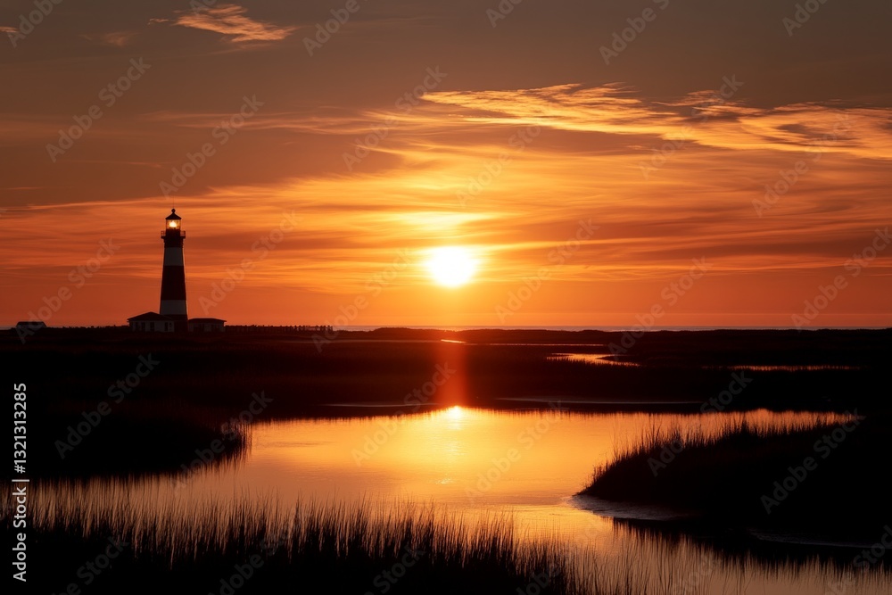 Beautiful sunset over marshland with a lighthouse illuminating the scene at dusk Beautiful sunset over marshland with a lighthouse illuminating the scene at dusk