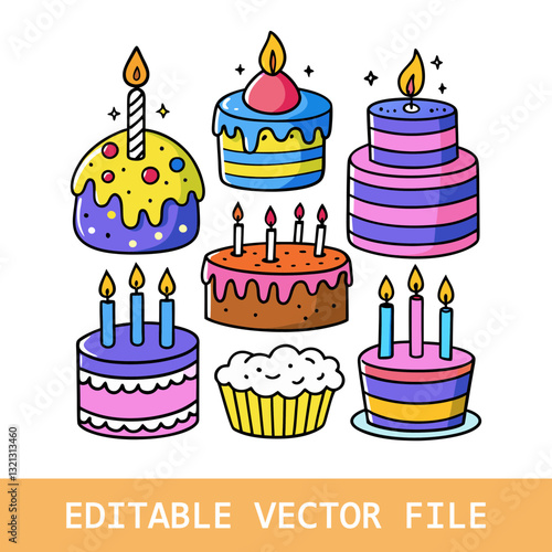 Cakes icons collection. Vector illustration of different types of beautiful modern cakes, such as chocolate cake, Napoleon cake, tiramisu, , eclair and cheesecake.