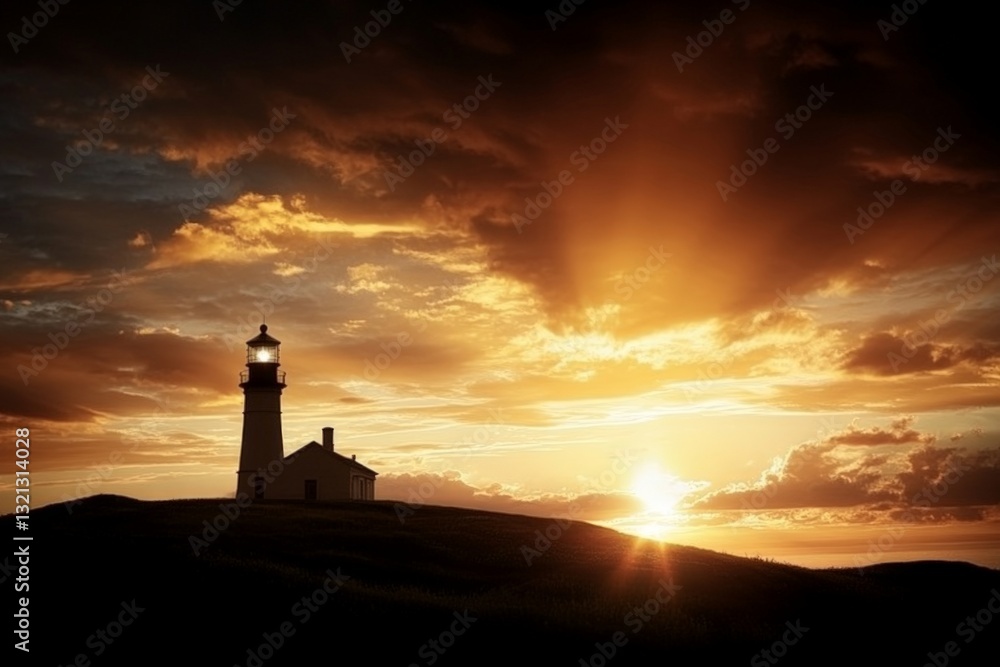 Lighthouse stands tall against vibrant sunset with dramatic clouds over the horizon Lighthouse stands tall against vibrant sunset with dramatic clouds over the horizon
