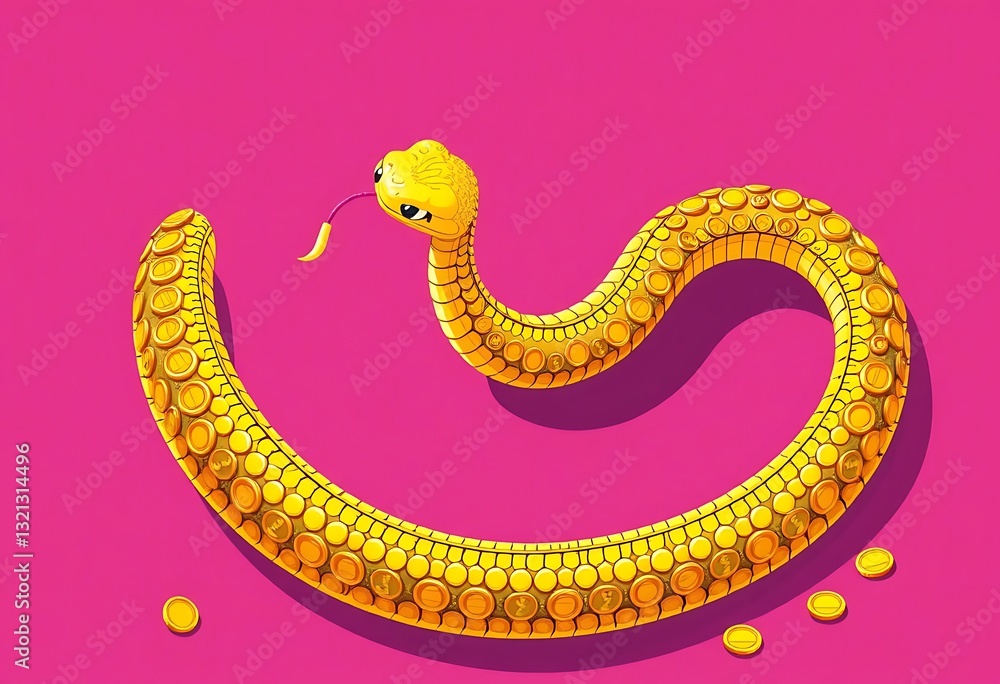 Fototapeta premium A Yellow Snake Composed Of Golden Coins On Pink Background