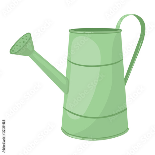 Green Watering Can. Garden spring watering can as a tool for watering plants. Flat illustration on white background. Scrapbook design elements in vector.