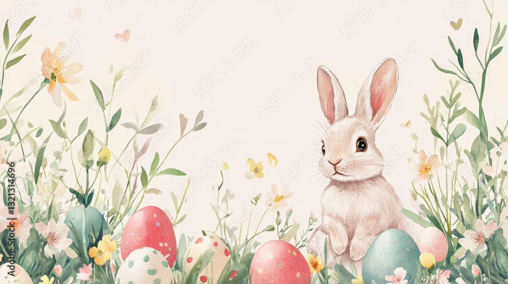Obraz premium Happy Easter, a watercolour vector featuring spring flowers, eggs, and a beautiful Easter rabbit. Illustration in pastel colours for spring