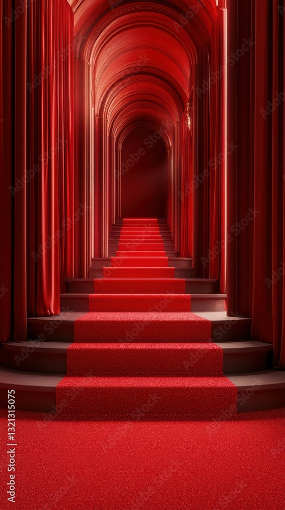 Fototapeta premium Elegant red staircase leading to an opulent archway with draped curtains in a majestic setting