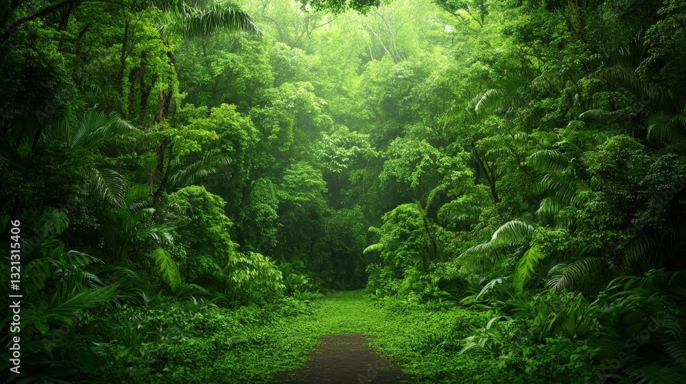 Fototapeta premium A lush green forest pathway enveloped by dense foliage, creating a serene and tranquil natural environment.