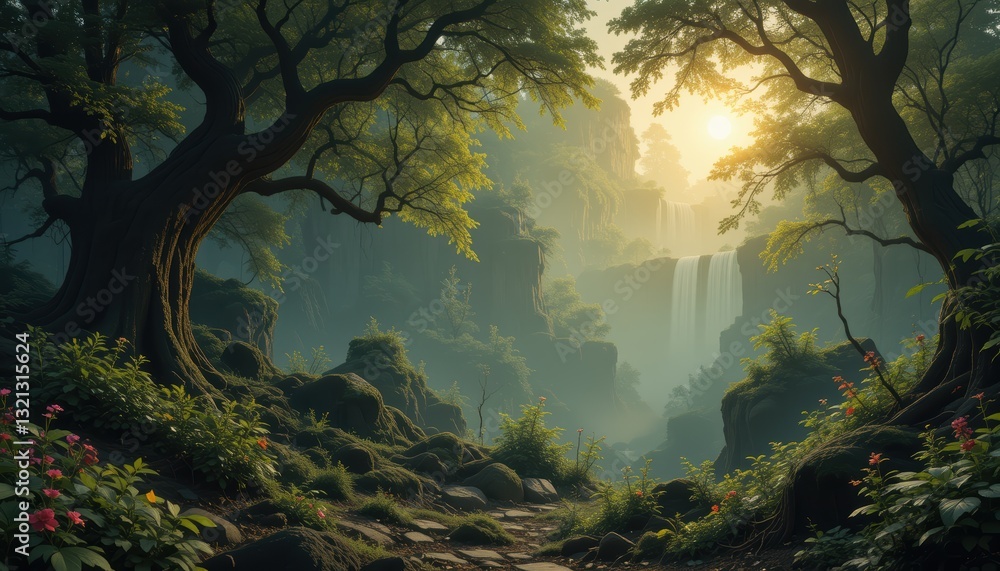Fototapeta premium Serene Waterfall Scene Lush Forest Path Morning Sun