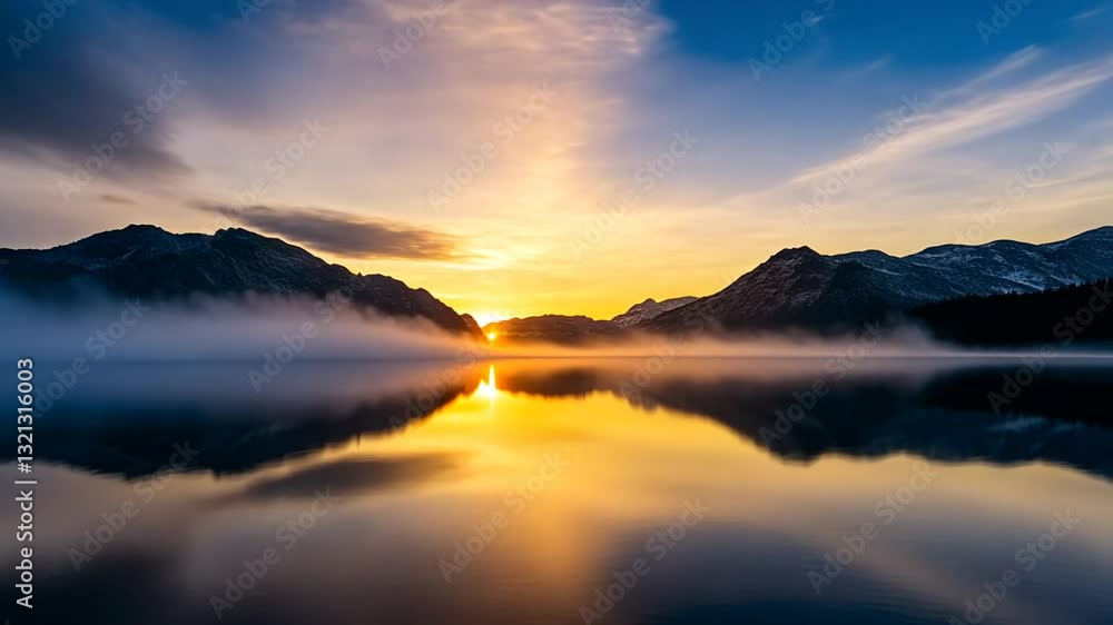 Majestic sunrise over lake with mountain backdrop reflecting in the calm waters Majestic sunrise over lake with mountain backdrop reflecting in the calm waters