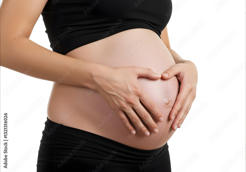 Close-up of pregnant woman's hands forming a heart on belly, maternity and health care concept, isolated on white background
