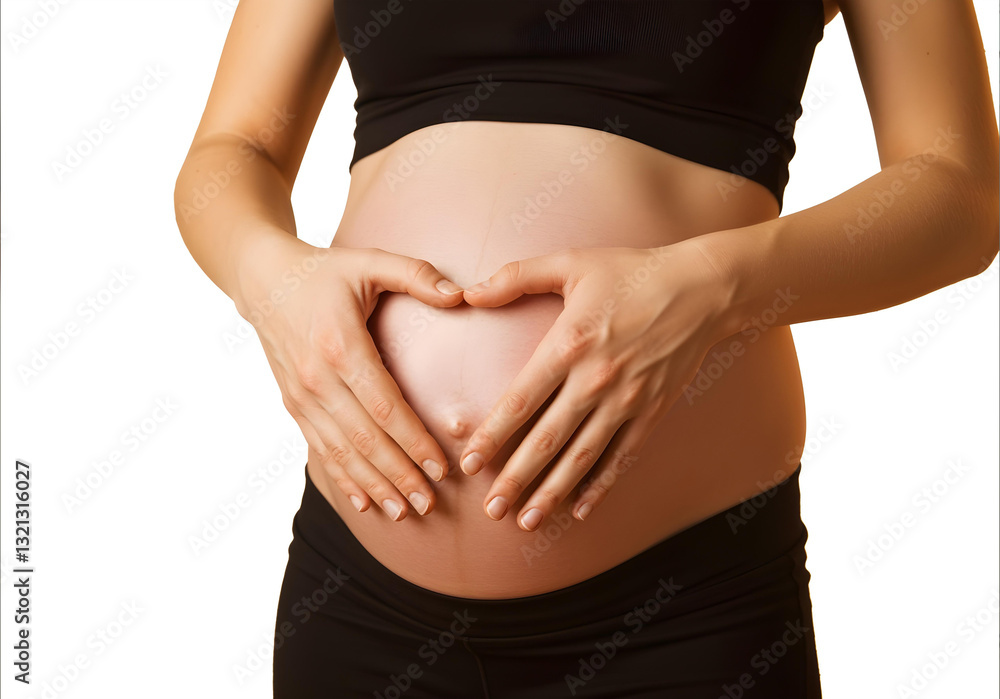 Close-up of pregnant woman's hands forming a heart on belly, maternity and health care concept, isolated on white background