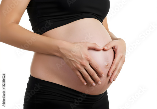  Close-up of pregnant woman's hands forming a heart on belly, maternity and health care concept, isolated on white background