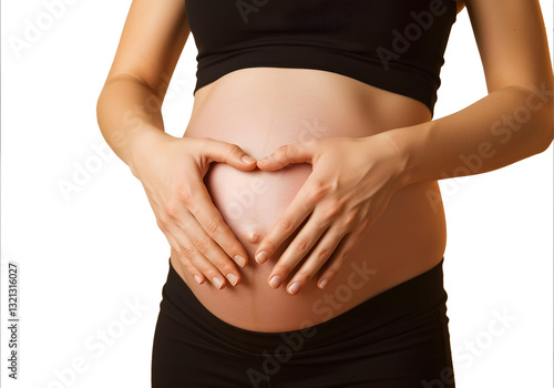 Obraz na płótnie Close-up of pregnant woman's hands forming a heart on belly, maternity and health care concept, isolated on white background w salonie