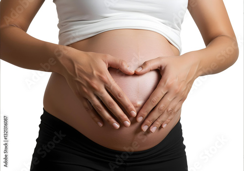 Obraz na płótnie Close-up of pregnant woman's hands forming a heart on belly, maternity and health care concept, isolated on white background w salonie