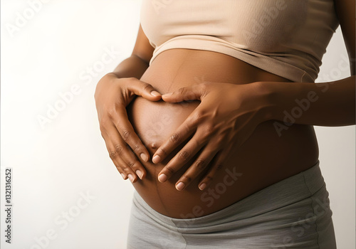 Obraz na płótnie Close-up of pregnant woman's hands forming a heart on belly, maternity and health care concept, isolated on white background w salonie