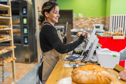 Foto Baker working at cash register in bakery shop