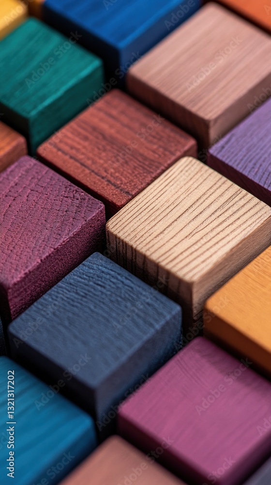 Fototapeta premium Colorful wooden blocks pattern with textured surfaces in geometric arrangement.