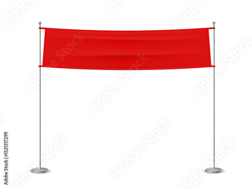 Red mockup banner flag hanging on flagpoles. Isolated on white background. Vector illustration.