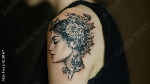 Shoulder Tattoo  Woman s Face with Floral Design