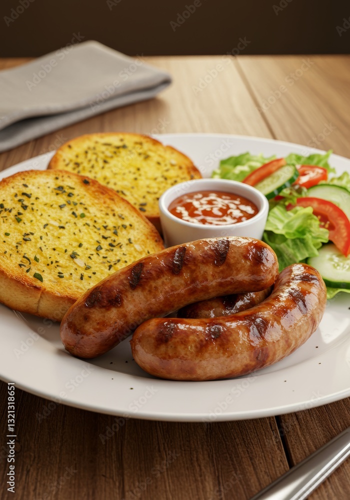 grilled sausages with potatoes and salad grilled sausages with potatoes and salad