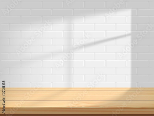 Kitchen wooden table on tile wall background with window shadow overlay. Vector illustration