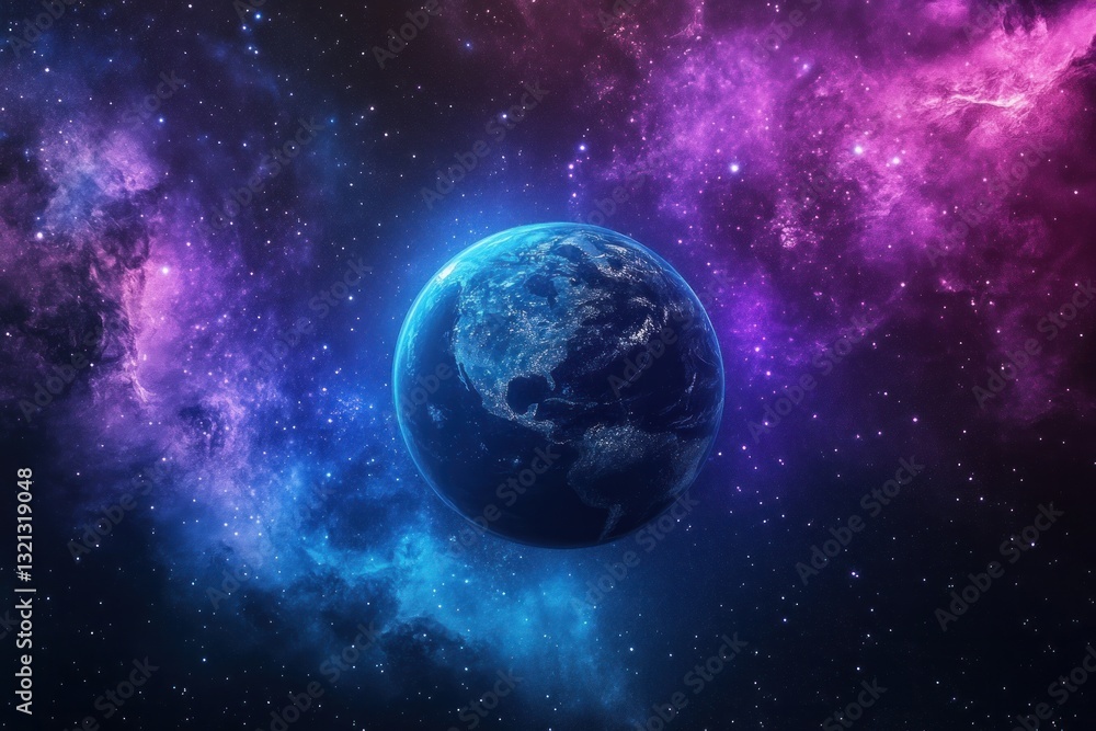 Fototapeta premium Vibrant cosmic scene of earth against colorful nebula in space.