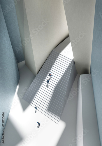 Abstract environnent with stairs representing the way to success and business people walking upstairs. 3D rendering