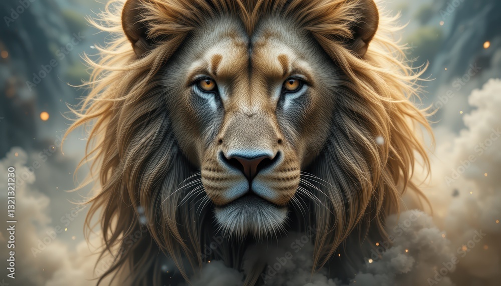 Naklejka premium Majestic Lion Portrait With Golden Mane And Intense Gaze