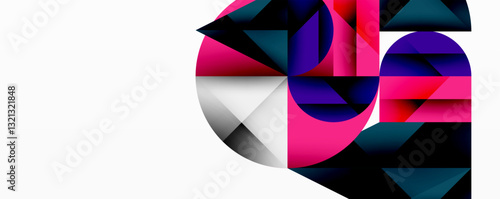 Modern abstract composition with layered circles and angular segments featuring gradients, transparency effects, and a structured geometric layout