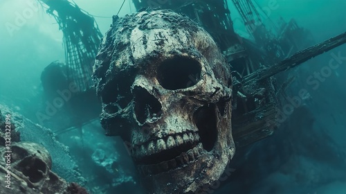 Submerged Skull: A Haunting Shipwreck Scene