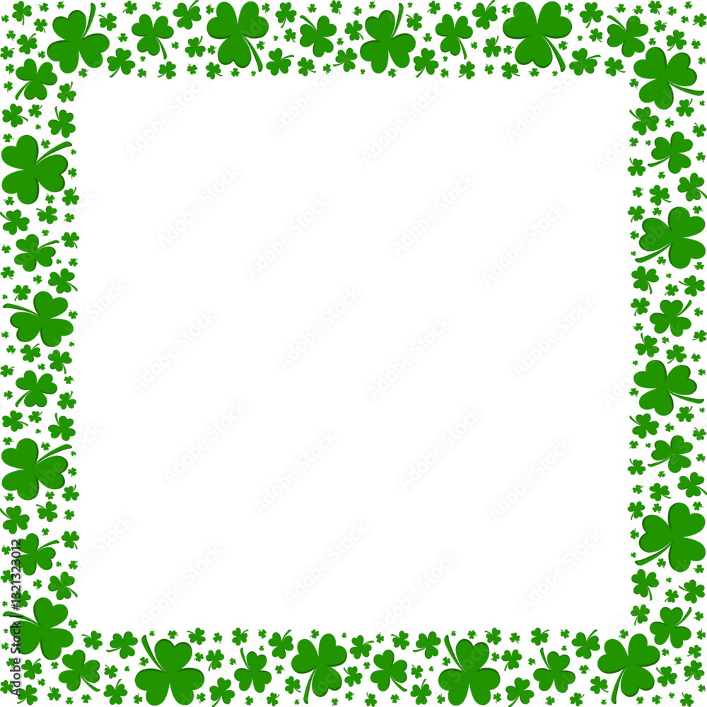 St. Patrick's Day shamrock square frame. Green clover border frame isolated on a transparent background. Perfect for St. Patrick's Day greeting cards, invitations and holiday decorations. Vector St. Patrick's Day shamrock square frame. Green clover border frame isolated on a transparent background. Perfect for St. Patrick's Day greeting cards, invitations and holiday decorations. Vector