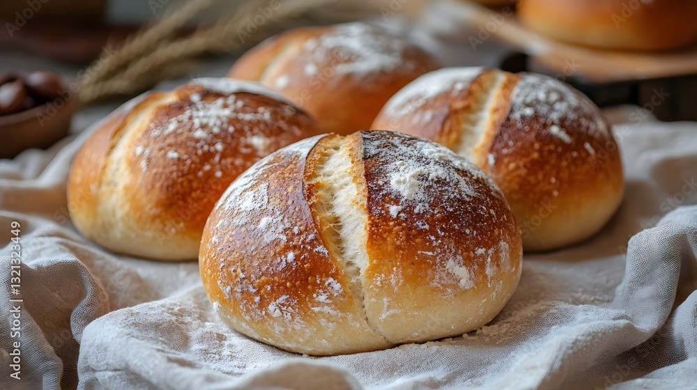 Artisanal sourdough bread rolls rise on floured linen, showcasing golden-brown crusts and textured dough in rustic bakery setting with soft natural lighting and warm neutral tones.
Artisanal sourdough bread rolls rise on floured linen, showcasing golden-brown crusts and textured dough in rustic bakery setting with soft natural lighting and warm neutral tones.