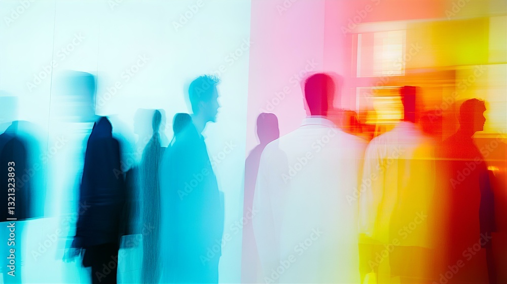 Fototapeta premium Walking people soft motion, abstract art with blur and motion effect, postmodernism style