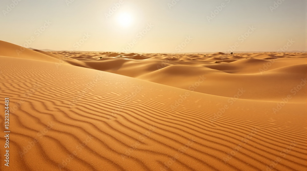 Desert landscape featuring golden sand dunes with rippling patterns, under a bright sunlit sky. Peaceful and serene natural environment concept. Ai generative Desert landscape featuring golden sand dunes with rippling patterns, under a bright sunlit sky. Peaceful and serene natural environment concept. Ai generative