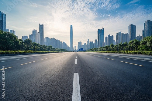 Wide empty highway leading to modern city skyline with skyscrapers and blue sky