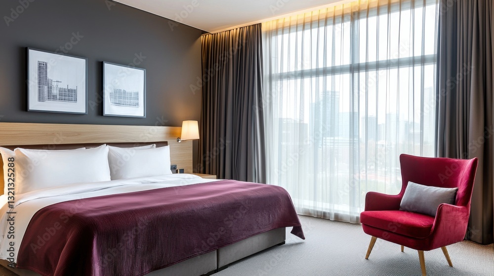 Fototapeta premium Cozy brutalist bedroom, graphite walls, muted burgundy satin bedding, red armchair, soft lighting, sheer curtains, skyline view