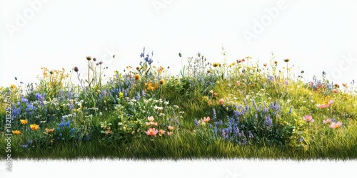 Colorful wildflower meadow under clear sky in spring, showcasing a variety of blooming plants