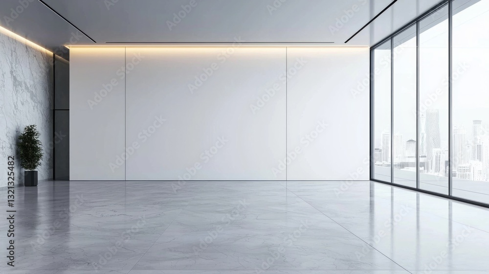 Modern minimalist interior with large windows and city view. Modern minimalist interior with large windows and city view.