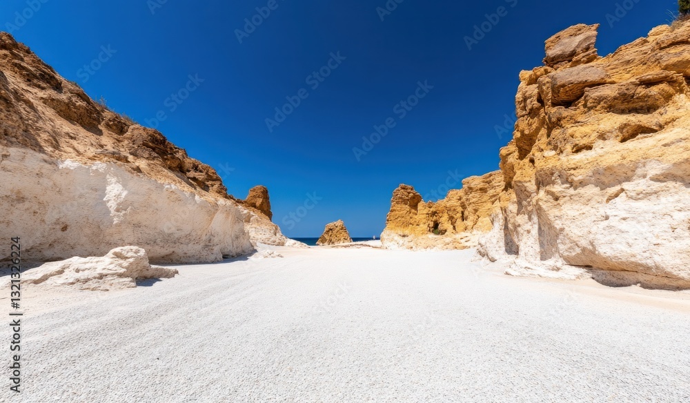 Fototapeta premium Stunning algarve cliffs and pristine sandy beach under clear blue sky.