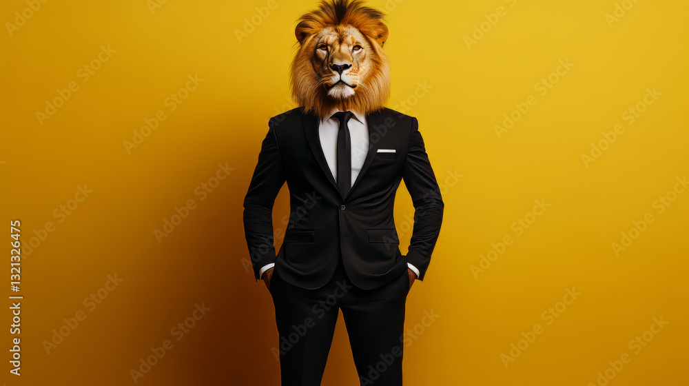 Portrait of a lion in a business suit on a yellow background Portrait of a lion in a business suit on a yellow background