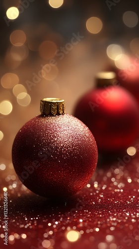 Red Christmas ornaments on glitter, bokeh background