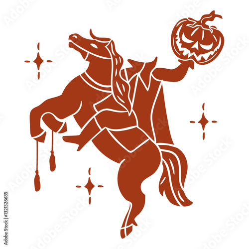 Mystical Rider's Halloween Spectacle: A spectral figure on horseback, bearing a glowing carved pumpkin head, embodies the spirit of Halloween, casting an eerie glow on a mysterious night.