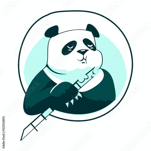 Panda with Knife: A whimsical panda contemplates with a knife in a fun and unexpected cartoonish pose.