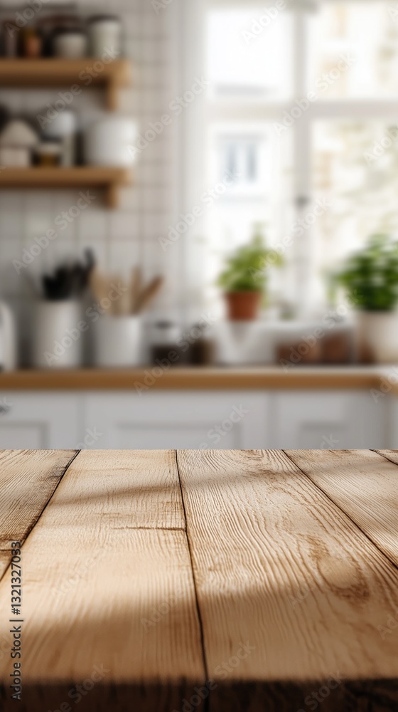Rustic wooden kitchen counter with blurred modern kitchen interior and natural light Rustic wooden kitchen counter with blurred modern kitchen interior and natural light