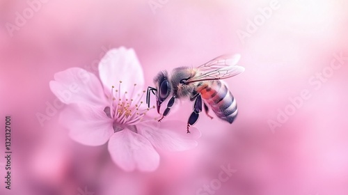 Close-up view of a bee gathering nectar from a pink flower during springtime in a vibrant garden