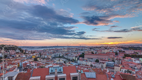 Lisbon at sunset aerial panorama view of city centre with red roofs at Autumn evening timelapse, Portugal