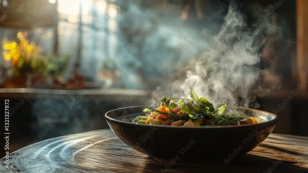 A delicious, steaming dish placed on a rustic dining table, with steam rising, fresh herbs, and soft, ambient lighting creating a homely atmosphere A delicious, steaming dish placed on a rustic dining table, with steam rising, fresh herbs, and soft, ambient lighting creating a homely atmosphere